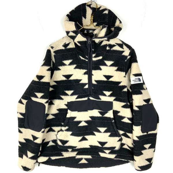 The North Face Fleece Sweater Jacket Large Beige Hooded Half Zip Patterned