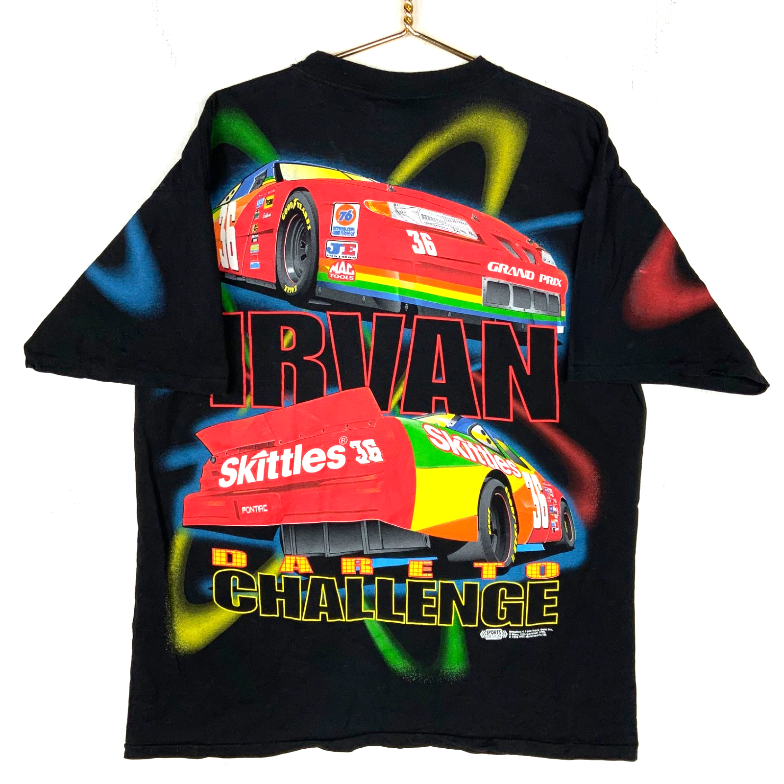 Vintage Nascar T-shirt Large Black All Over Print Skittles 1998 Ernie Irvan 90s