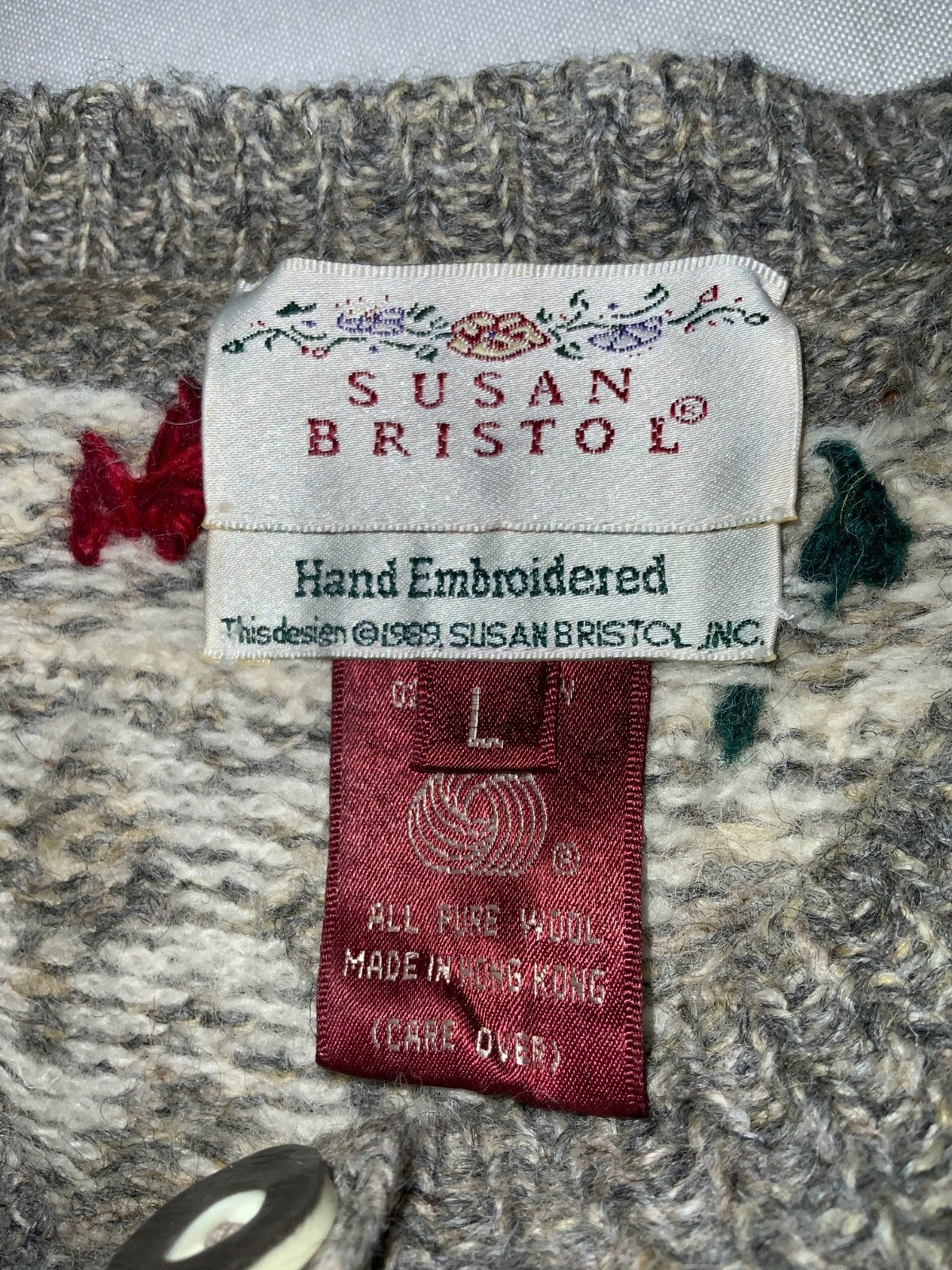 Vintage 1990s Grandma Wool Knit Sweater Women’s Large Gray Cardigan Pattern