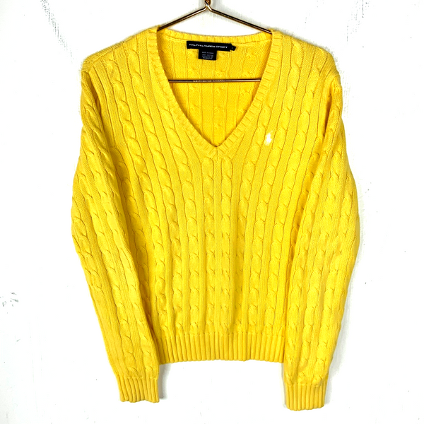 Vintage Ralph Lauren Sport Cable Knit Sweater Women’s Large Yellow V-neck