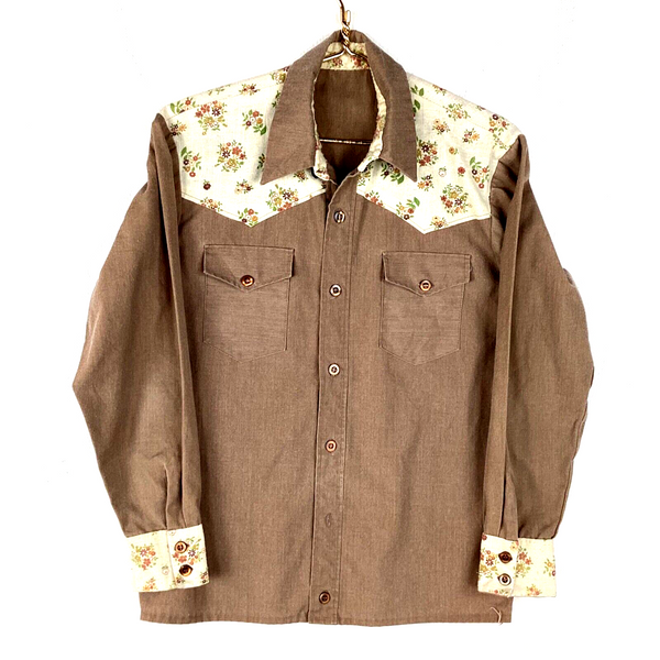 Vintage Western Button Up Shirt Large Brown Floral Long Sleeve 1980s 80s