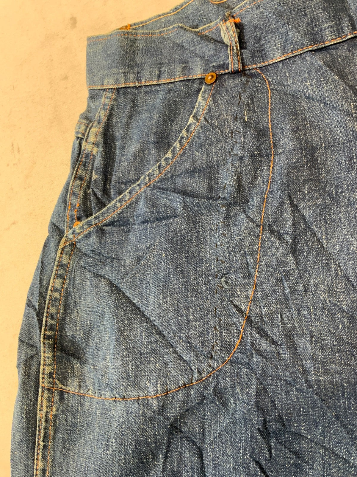 Vintage 1940s Denim Jean 30x28.5 Blue Side Flap Straight Leg Donut Button