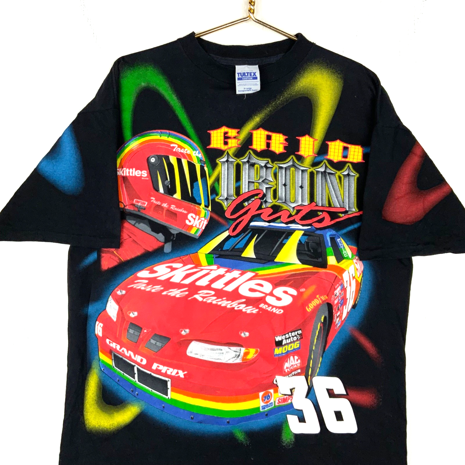 Vintage Nascar T-shirt Large Black All Over Print Skittles 1998 Ernie Irvan 90s