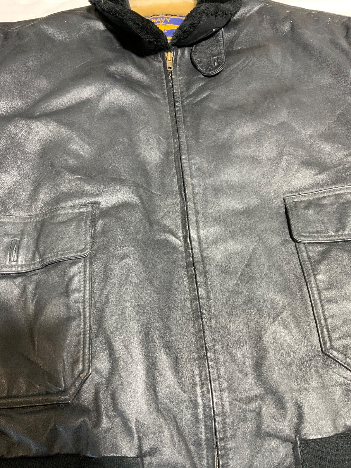 Vintage Navy Airborne Leather Flight Bomber Jacket 2XL Full Zip Sherpa Lined