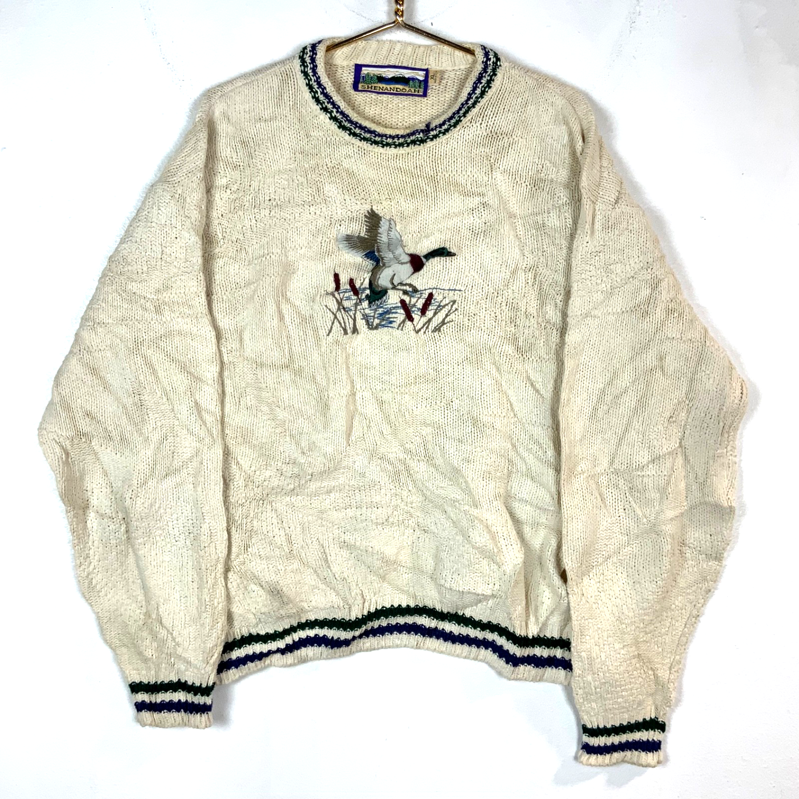Vintage 1990s Knit Sweater XL White Crewneck Embroidered Duck Made Usa