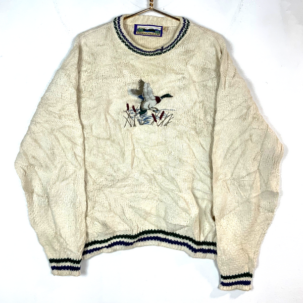 Vintage 1990s Knit Sweater XL White Crewneck Embroidered Duck Made Usa