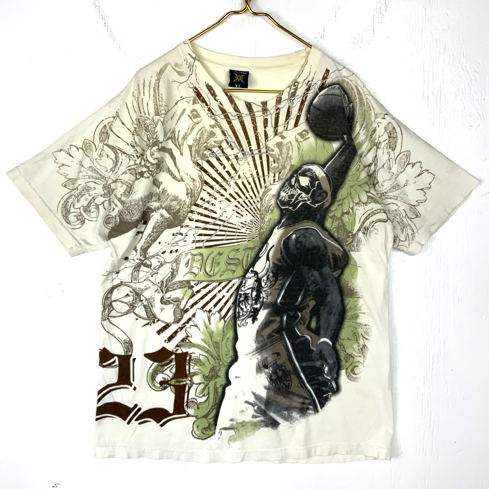Y2K Lebron James T-Shirt XL White Tee Tree Grunge All Over Print Basketball
