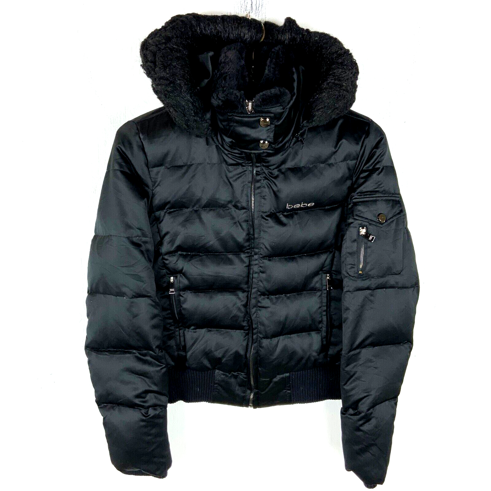 Bebe Women's Puffer Jacket Small Black Full Zip Hooded Bomber