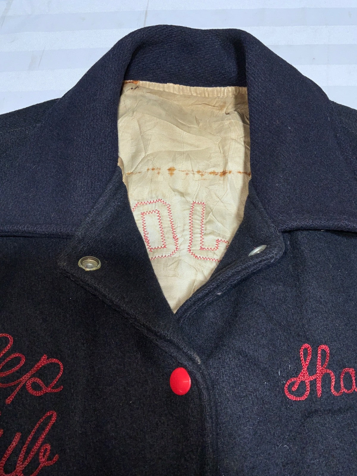 Vintage 1960s Women's Wool Varsity Bomber Jacket Large Blue Snap Button St. Joes