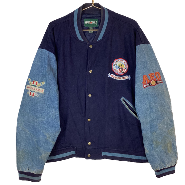 Vintage American Eagle Denim Wool Varsity Jacket Xl Baseball Embroidered 90s