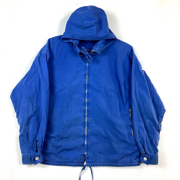 Vintage 1970s Distressed Windbreaker Jacket Size Medium Blue Hooded Full Zip