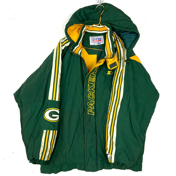 Vintage Green Bay Packers Starter Puffer Jacket 2XL Hooded Full Zip Nfl Pro Line