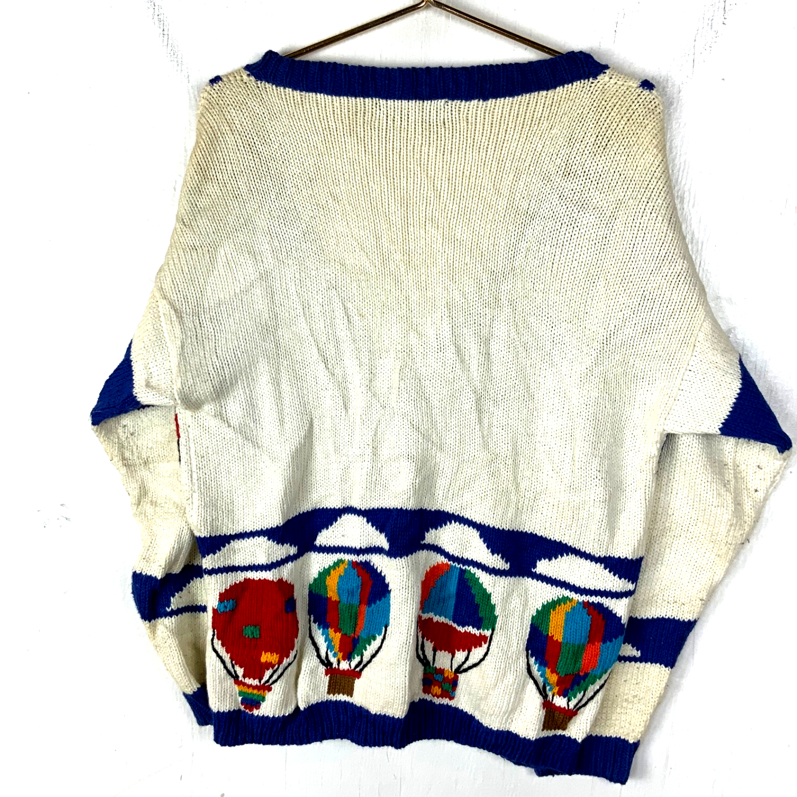 Vintage 1990s Grandpa Knit Sweater Medium White Cardigan Hot Air Balloons