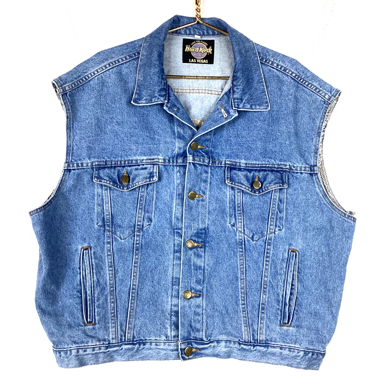 Vintage Hard Rock Cafe Las Vegas Denim Vest Jean Jacket Size XL Blue Button Up