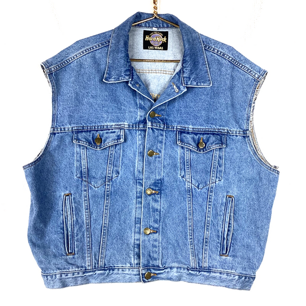 Vintage Hard Rock Cafe Las Vegas Denim Vest Jean Jacket Size XL Blue Button Up