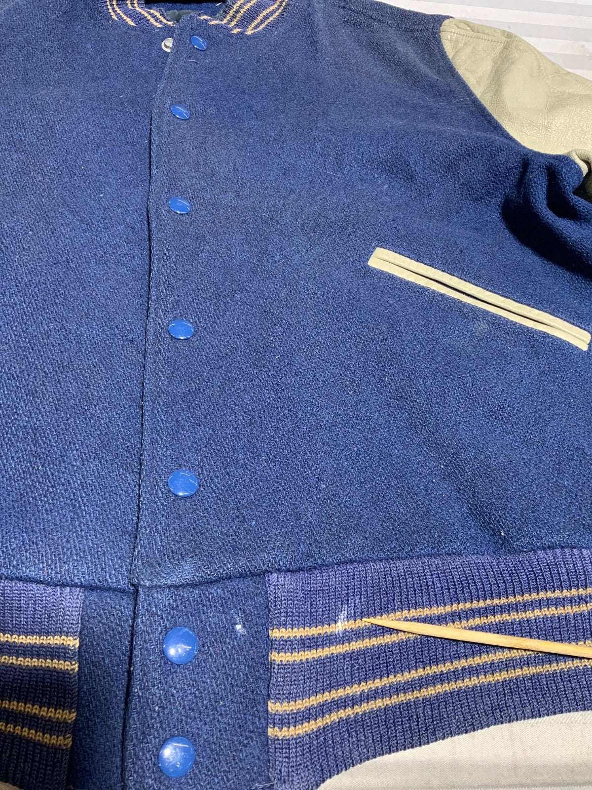 Vintage 1970s Butwin Wool Leather Jacket Large Blue Snap Button Varsity Bomber