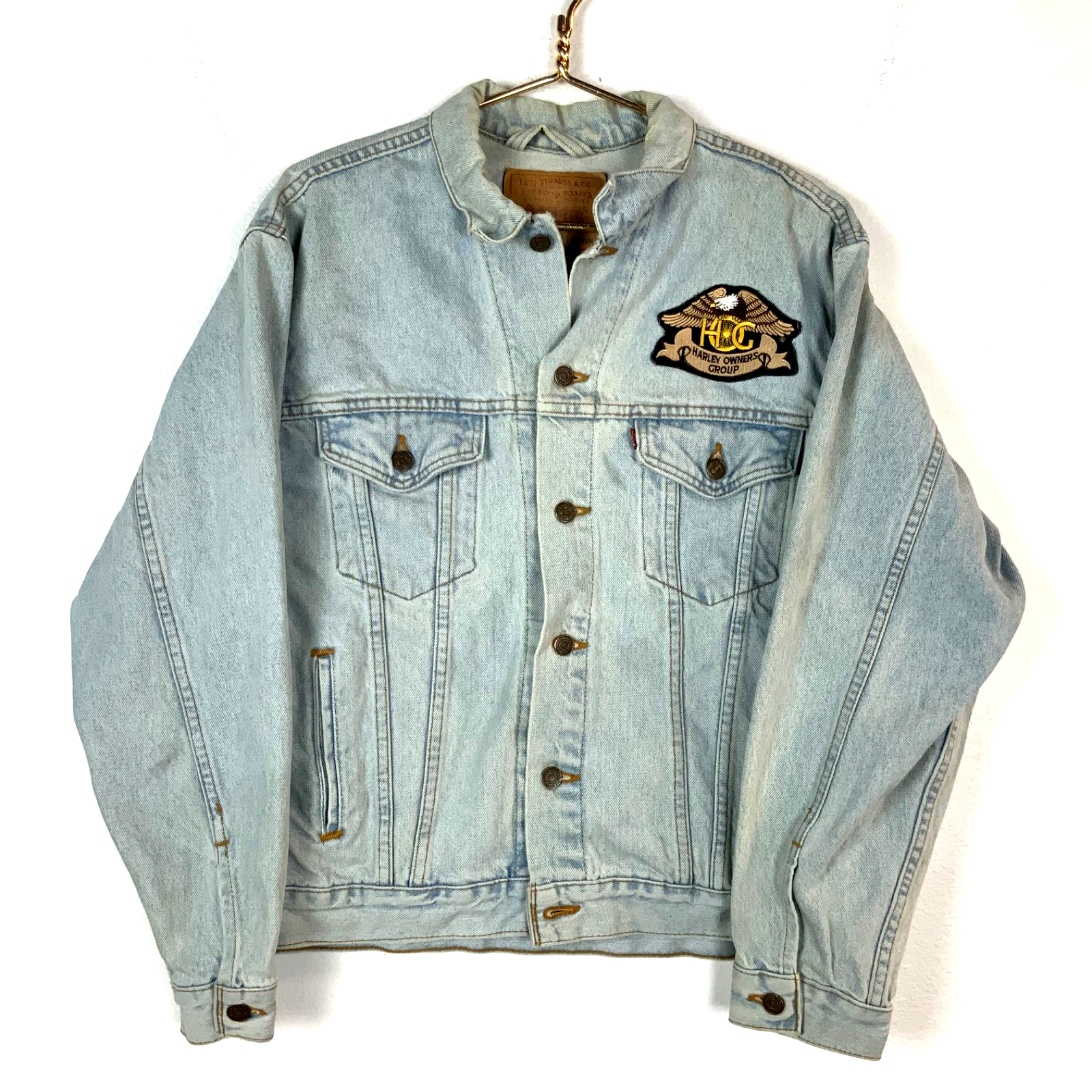 Vintage Levi’s Denim Jean Jacket Medium Blue Light Wash Harley Patch 90s