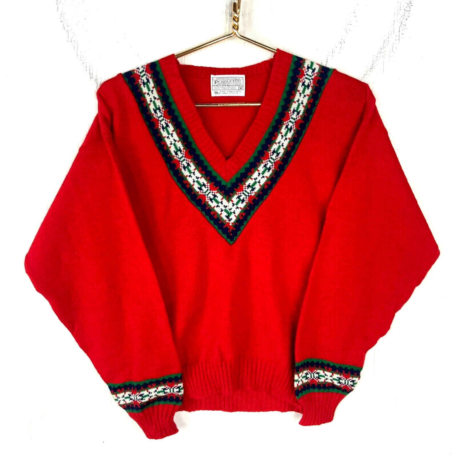 Vintage Pendleton Knit Sweater Women’s Medium Red V-neck Pattern 90s