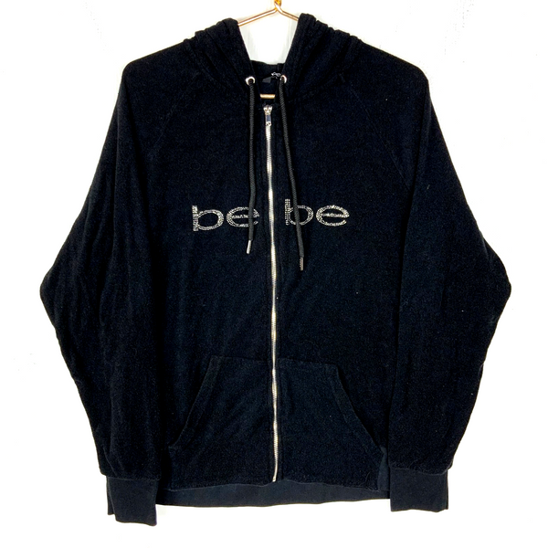 Bebe Sport Women's Sweatshirt Hoodie 2XL Black Full Zip Bedazzled Y2k