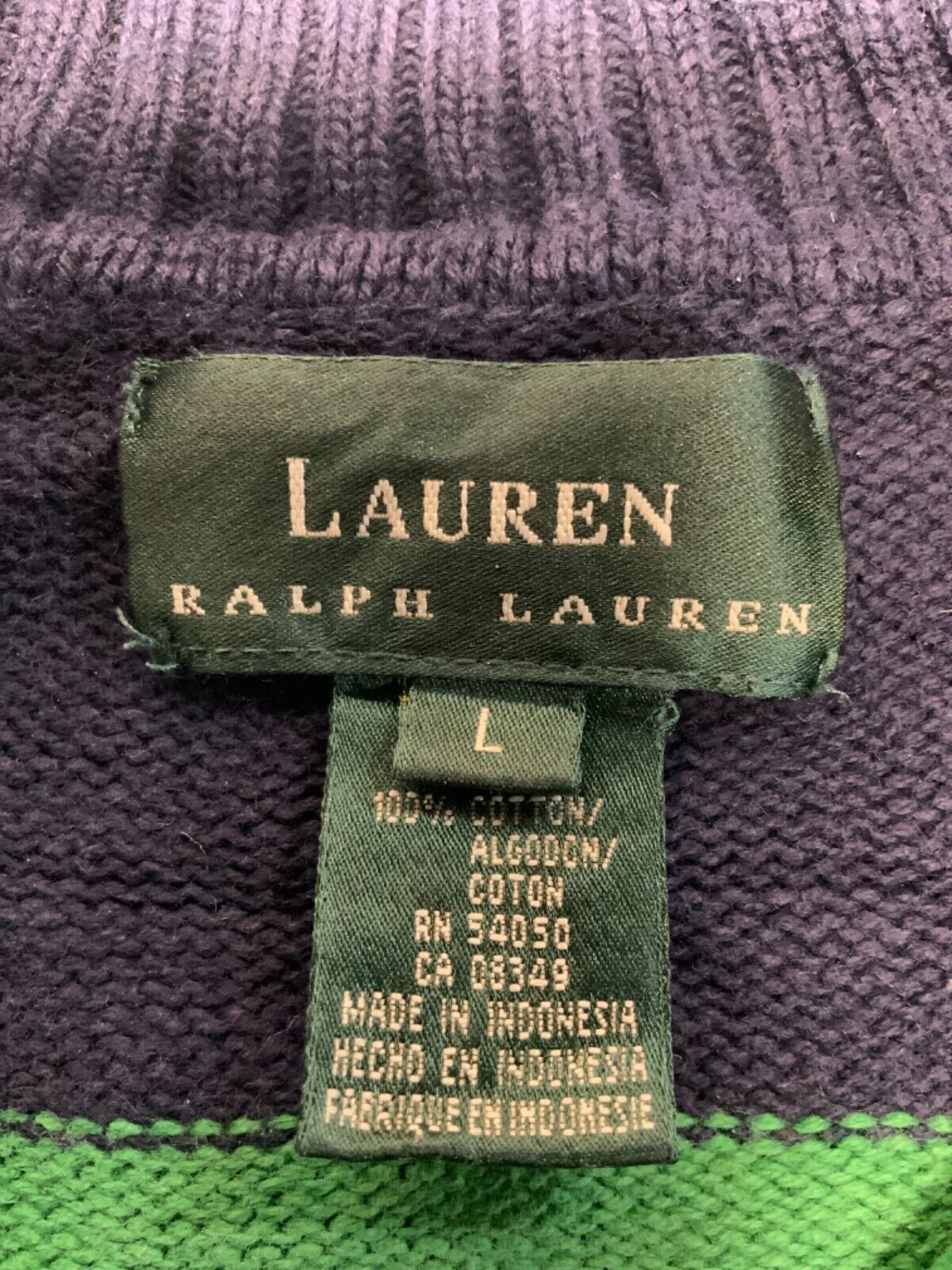 Vintage Lauren Ralph Lauren Knit Sweater Women’s Large Green 1/4 Zip Striped 90s
