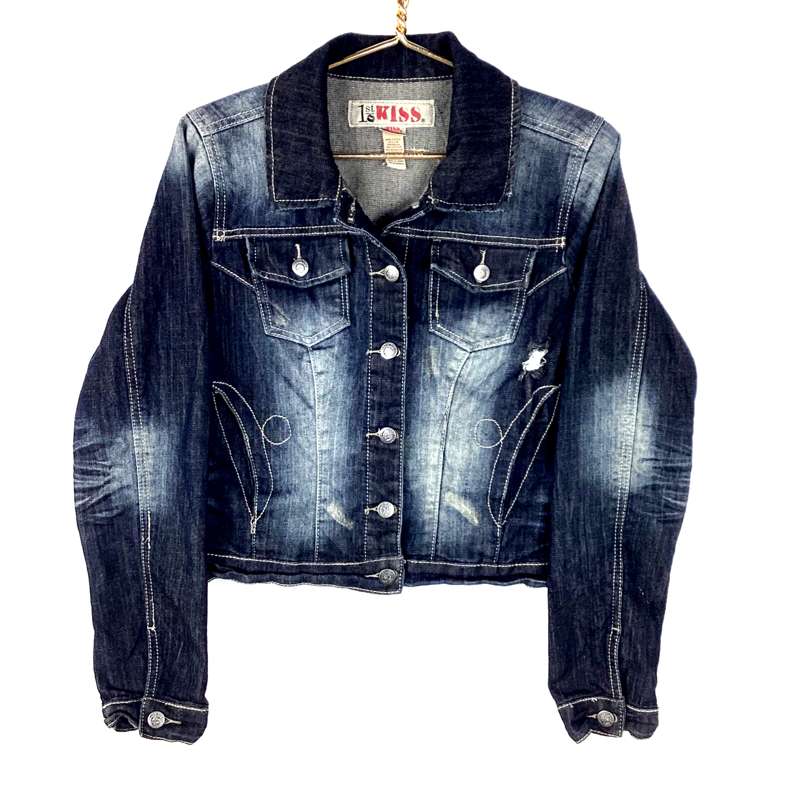 1st Kiss Women's Denim Jean Jacket Size Large Black Crochet Skull Lace