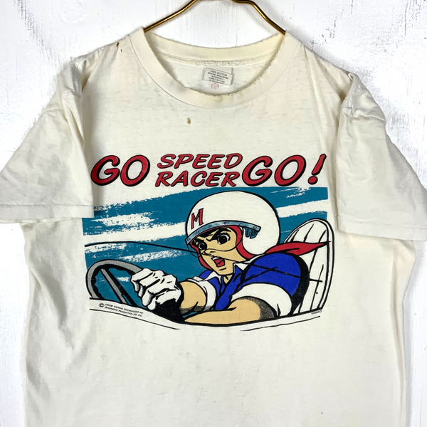 Vintage Speed Racer T-Shirt Large White Single Stitch Driving Gear Go Go 80s