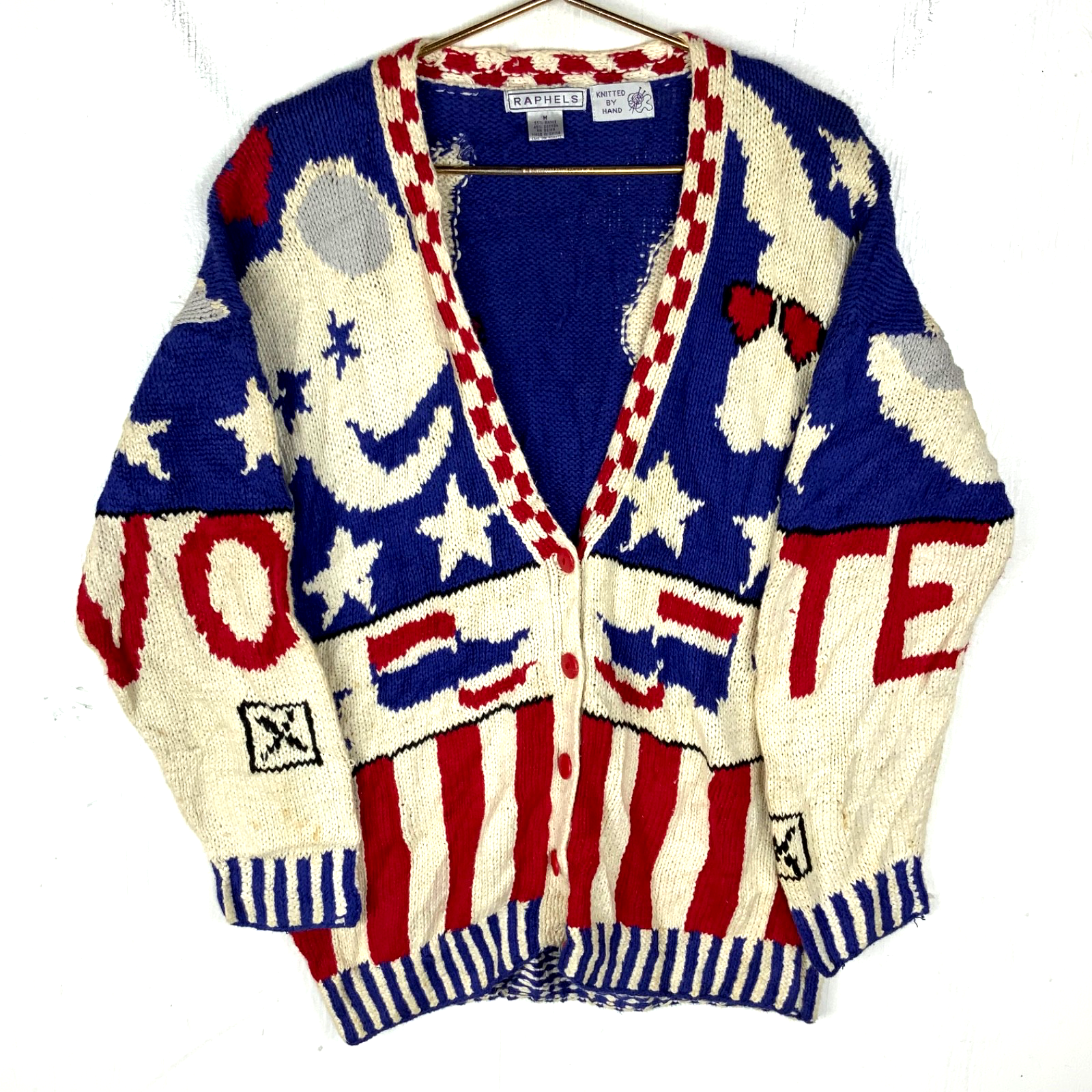 Vintage 1990s Grandpa Hand Knit Sweater Medium White Cardigan Election