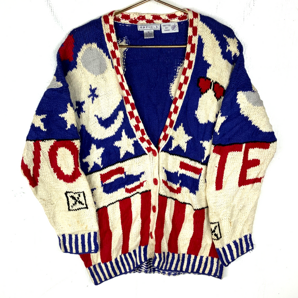Vintage 1990s Grandpa Hand Knit Sweater Medium White Cardigan Election