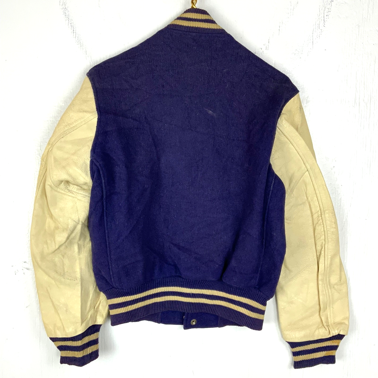 Vintage 1970s Wool Leather Varsity Bomber Jacket Small Blue Snap Button