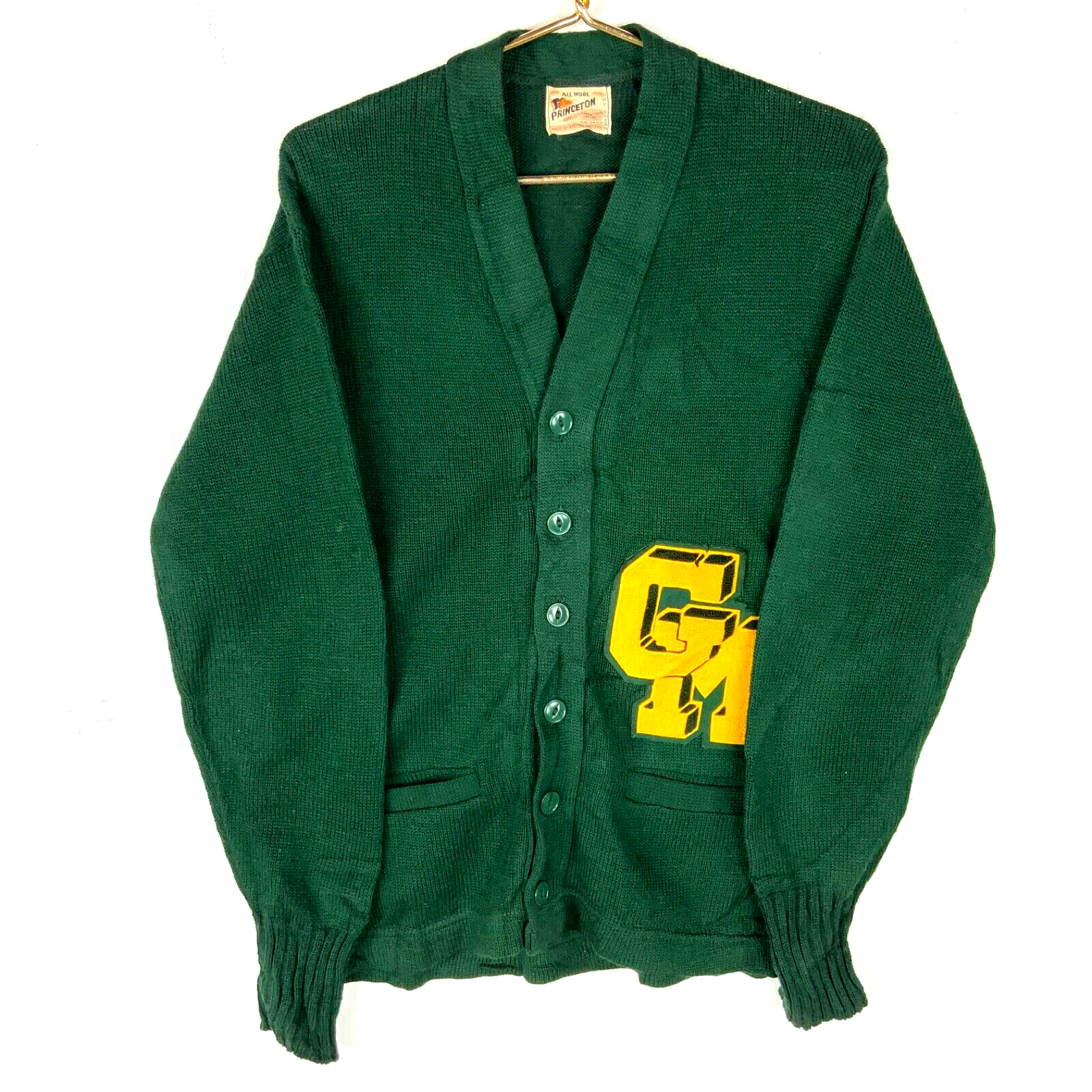 Vintage Princeton 1950s Knit Wool Sweater Small Green Cardigan Made Usa