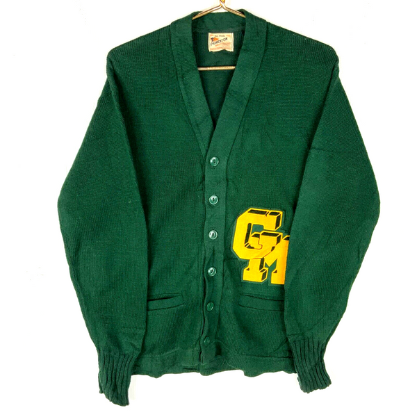Vintage Princeton 1950s Knit Wool Sweater Small Green Cardigan Made Usa