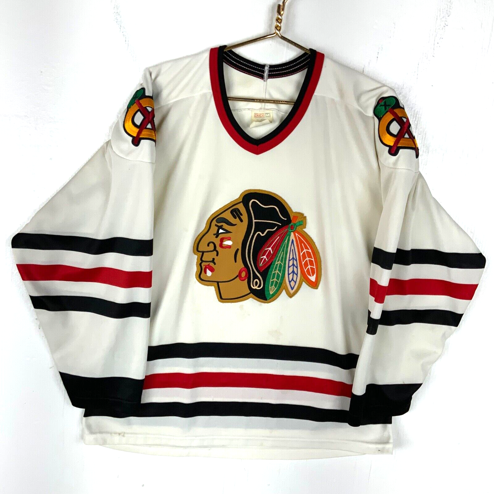 Vintage Chicago Blackhawks Ccm Jersey Large White Made In Canada Nhl Hockey
