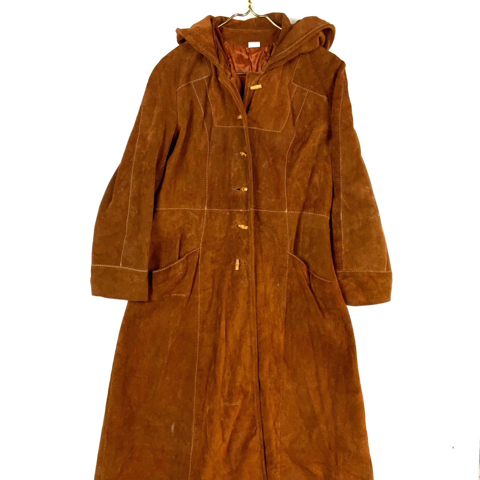 Vintage 1980s Suede Leather Trench Coat Jacket Small Brown Hooded Button Up
