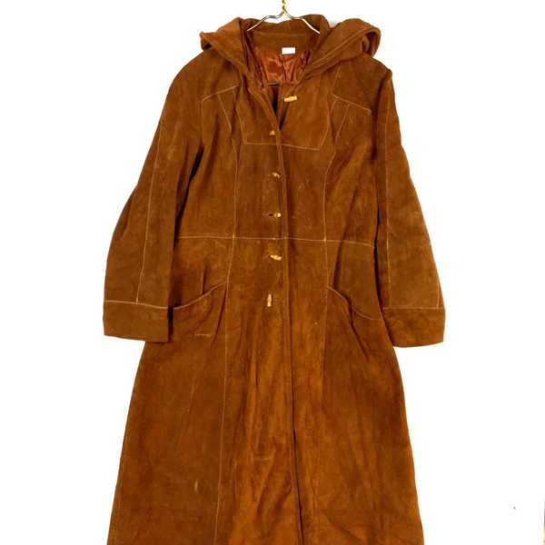 Vintage 1980s Suede Leather Trench Coat Jacket Small Brown Hooded Button Up