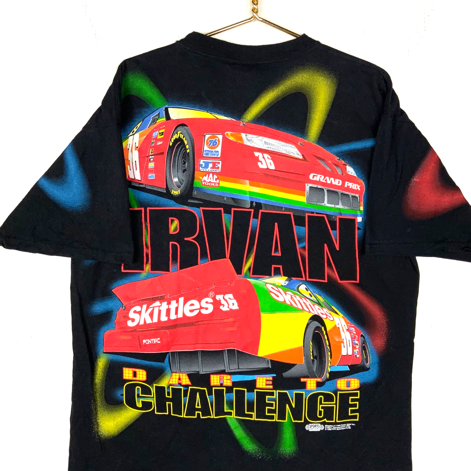 Vintage Nascar T-shirt Large Black All Over Print Skittles 1998 Ernie Irvan 90s