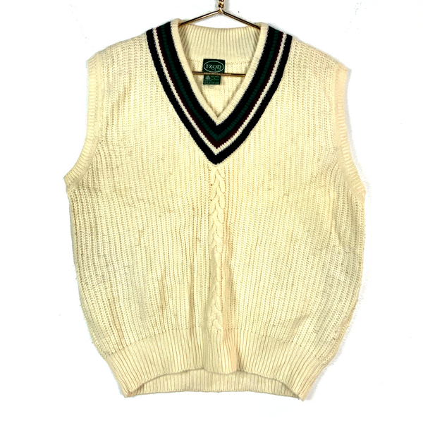 Vintage Izod 1980s Grandpa Wool Cable Knit Sweater Vest Large White V-neck
