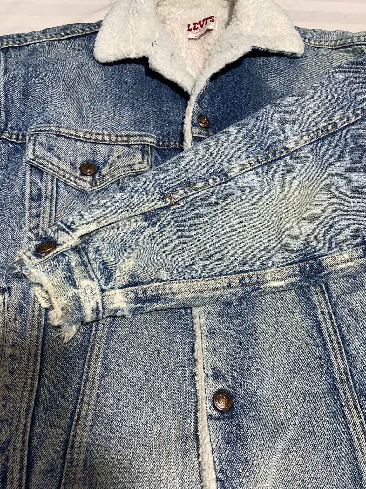 Vintage Levi’s Denim Jean Jacket Small Made Usa Snap Button Sherpa Lined Usa 80s