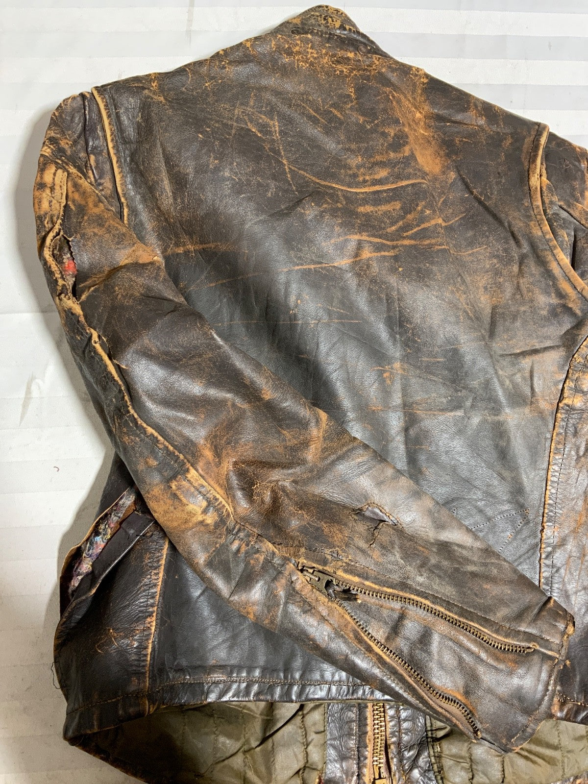 Vintage 1970s Leather Cafe Racer Jacket Medium Brown Full Zip Lined Distressed