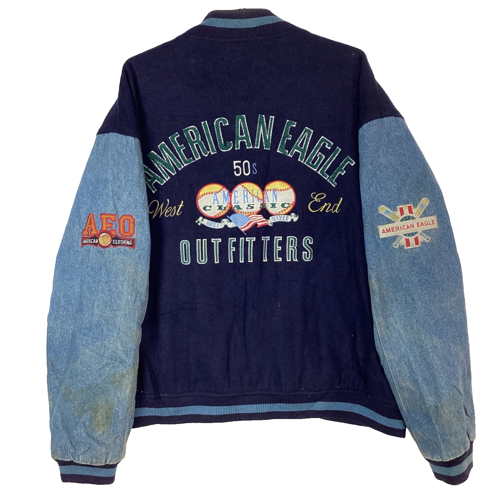 Vintage American Eagle Denim Wool Varsity Jacket Xl Baseball Embroidered 90s