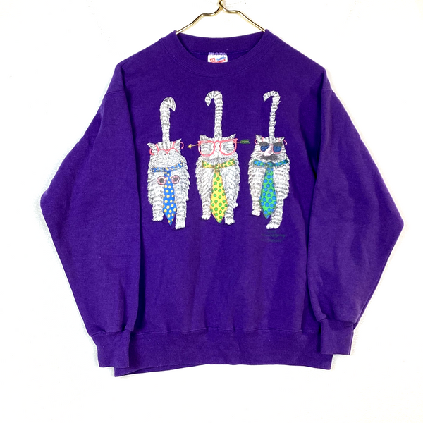 Vintage Cats Sweatshirt Crewneck Size Medium Purple Made In Usa Double Sided