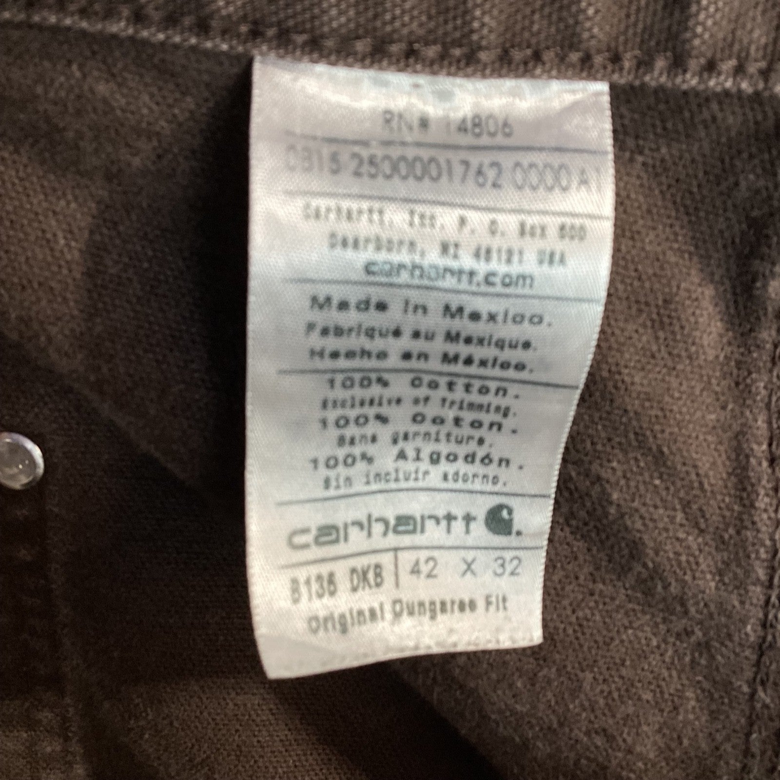 Carhartt Double Knee Dungaree Canvas Workwear Pants Size 42x32 Brown