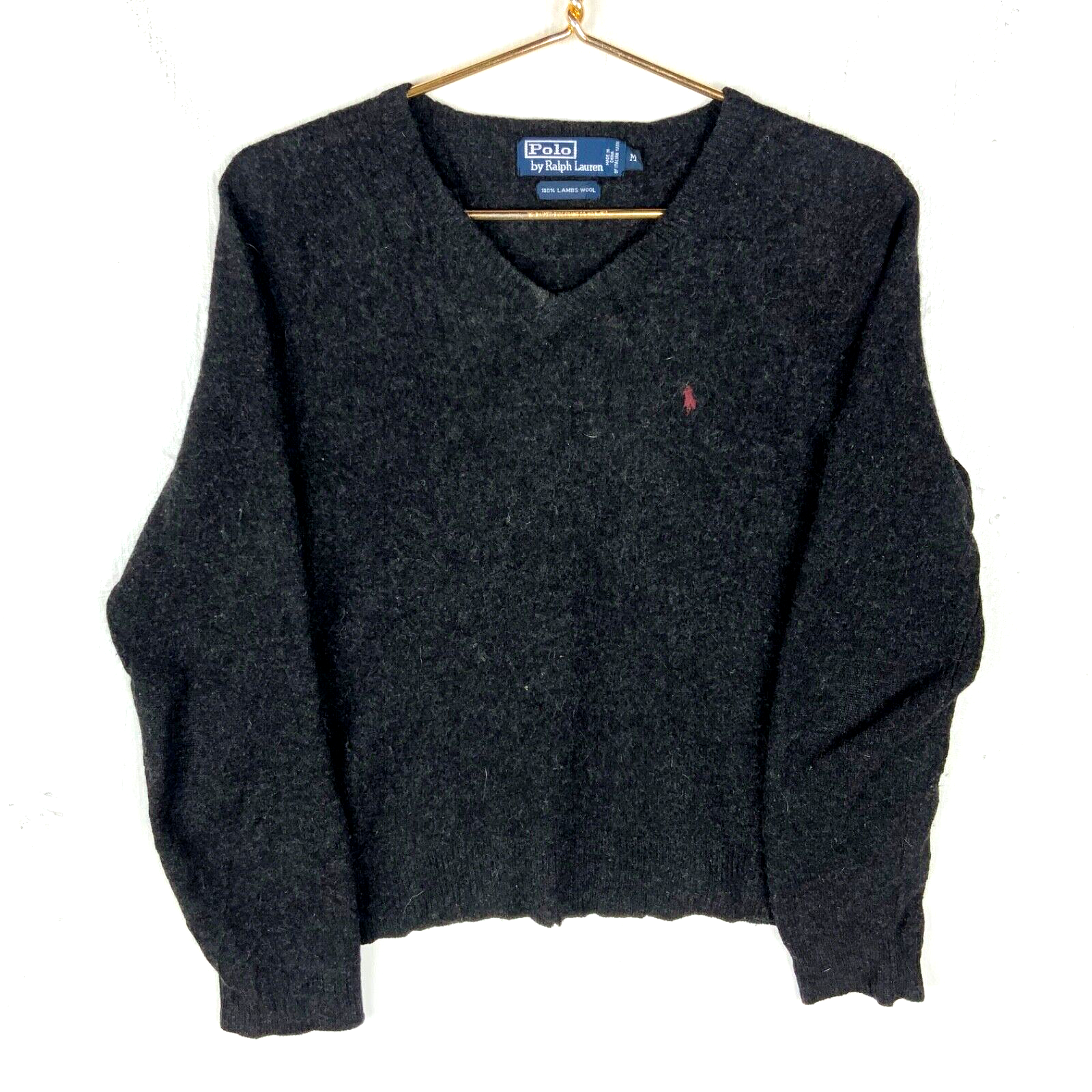 Vintage Polo Ralph Lauren Knit Wool Sweater Medium Gray V-Neck 90s