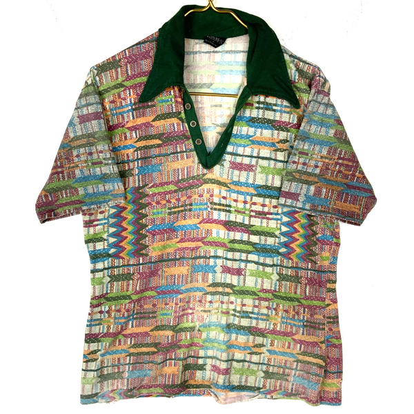 Vintage 1970s Polo Collar Shirt Large Multicolor Made Usa Henley Short Sleeve