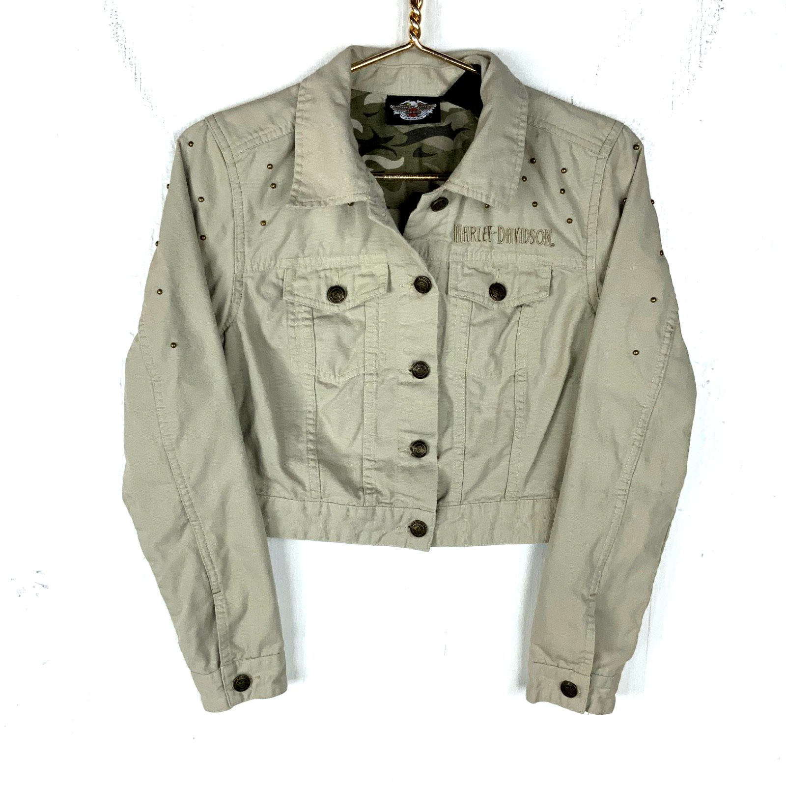 Harley Davidson Women's Denim Jean Trucker Jacket Medium Beige