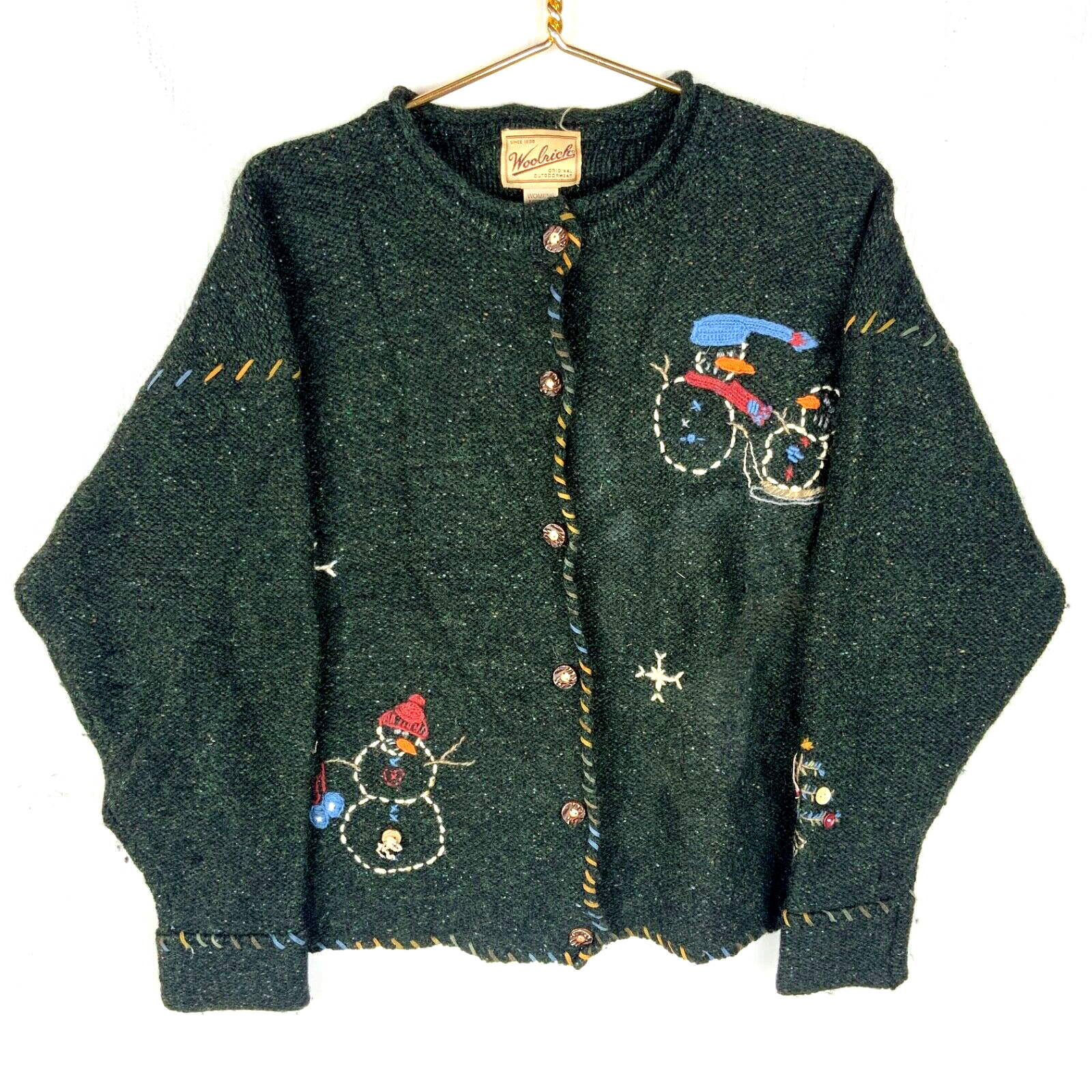 Vintage Woolrich Knit Wool Cardigan Sweater Women’s Medium Green Crewneck 90s