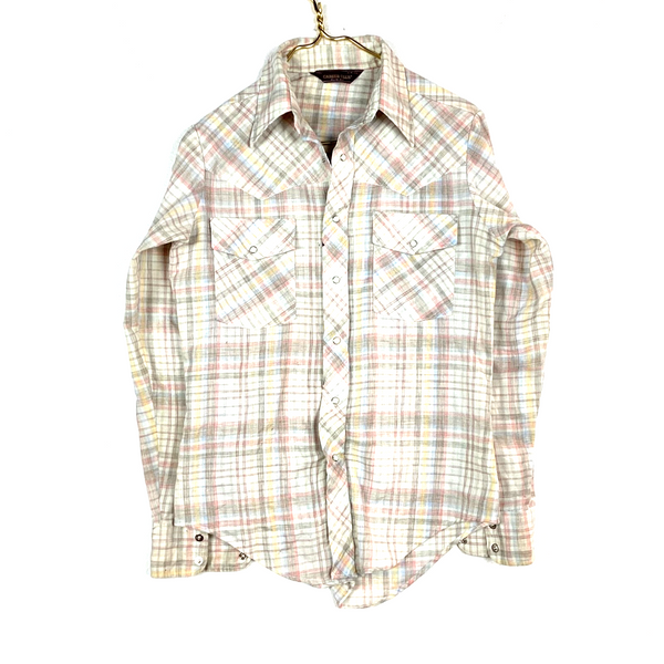 Vintage 1980s Pearl Snap Western Shirt Size Medium Plaid Made In Usa Long Sleeve