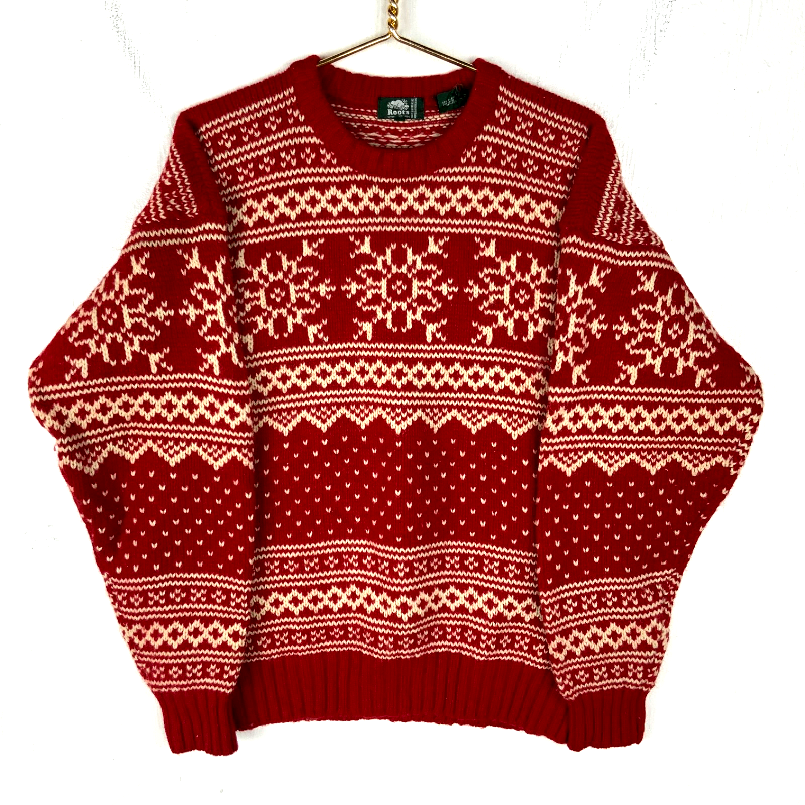 Vintage Roots Wool Knit Sweater XL Red Crewneck Snowflake Pattern