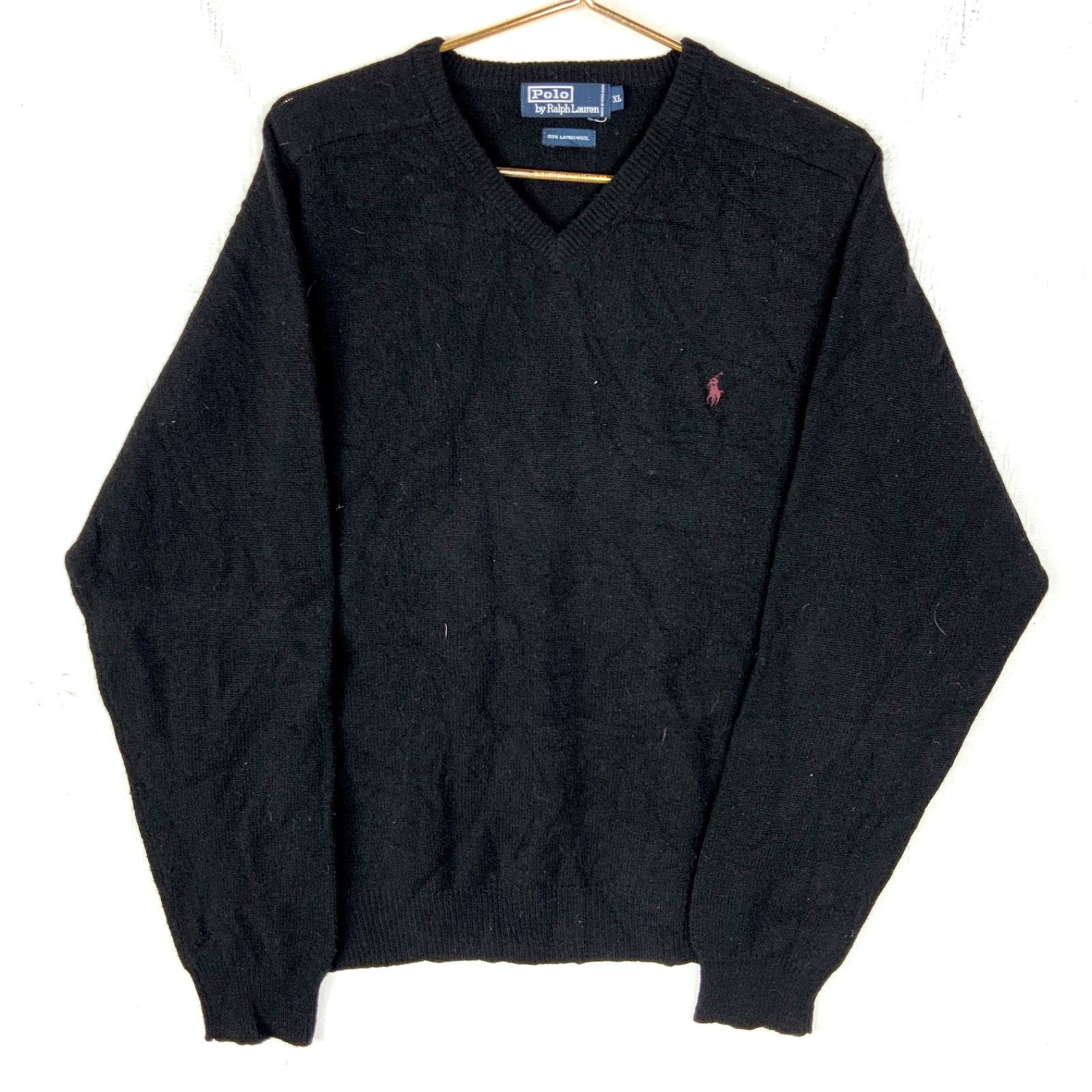 Vintage Polo Ralph Lauren Lambs Wool Knit Sweater XL Black V-neck 90s