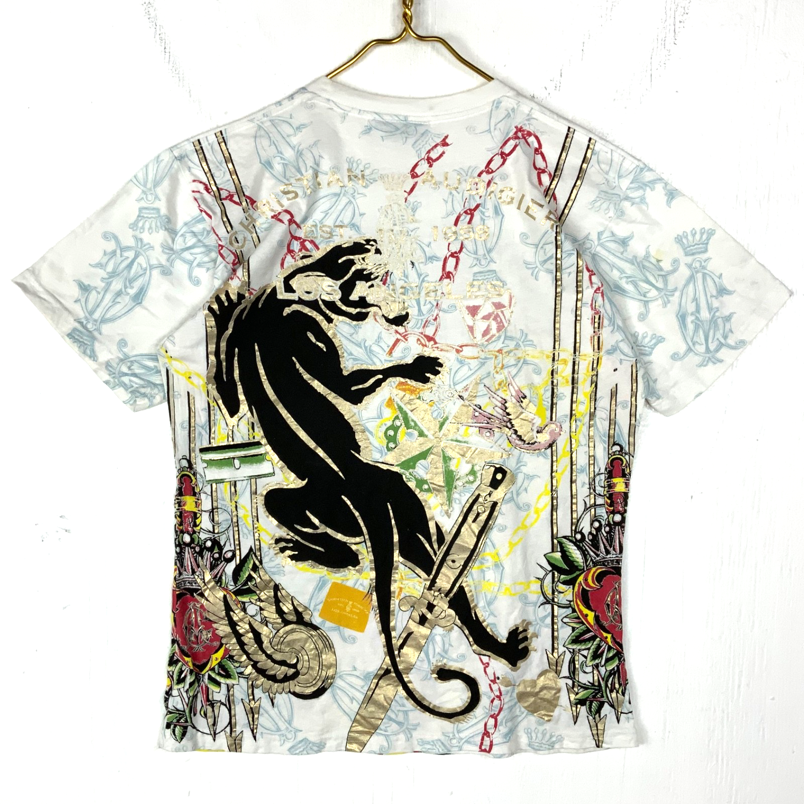 Vintage Christian Audigier T-Shirt XL White Made Usa All Over Print Studded Y2K