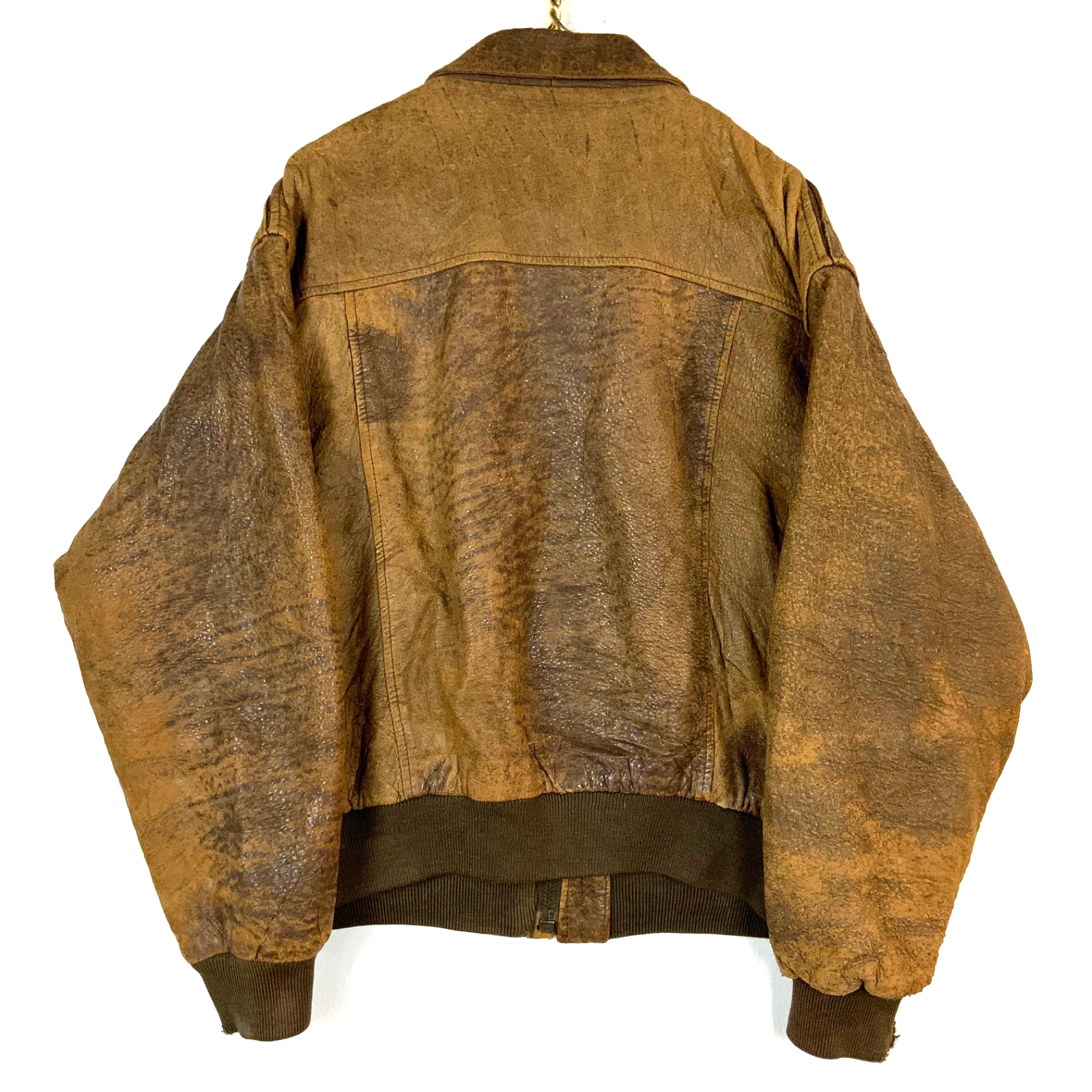 Vintage 1990s Leather Bomber Jacket Large Brown Lined Full Zip